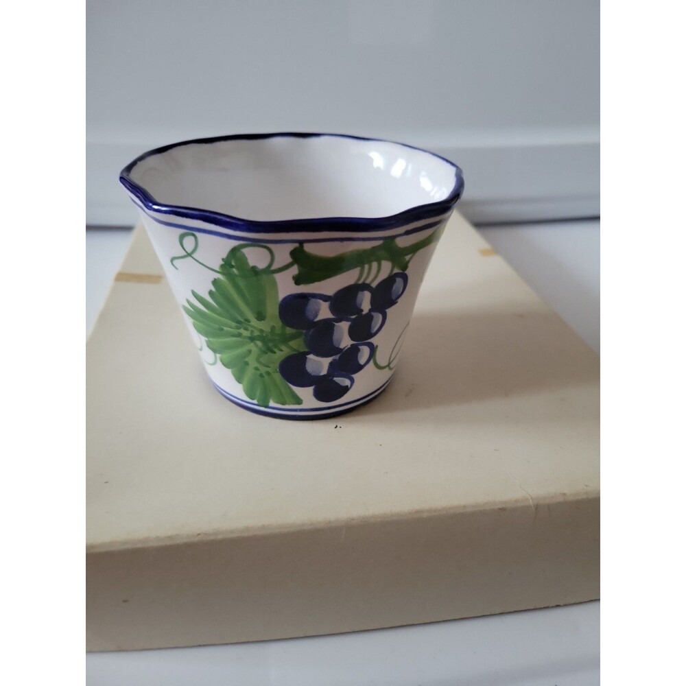 Small Blue and White Pot Or Trinket Dish With Grapes, Made In Italy